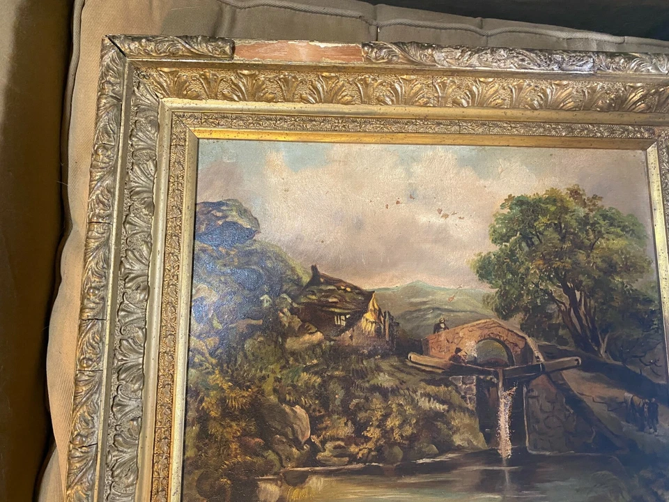 Antigua pintura al óleo sobre lienzo "Paisaje con escena de hogar y figuras" - Enmarcada Foto 2 de 4