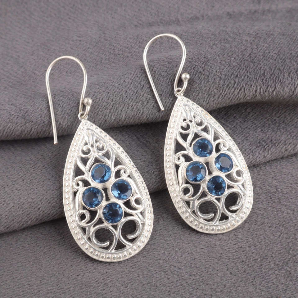 Pendientes colgantes de topacio azul de Londres de plata de ley 925 con gota para madres regalo joyas Foto 3 de 4