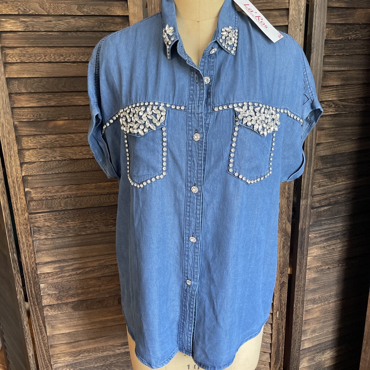 JemutのFlint denim short sleeve shirt Rhinestone Denim Woman's Short Sleeve Button down Shirt | eBay