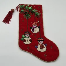 Vtg International Silver Company Christmas Sequin Snowman Stocking Tassel Velvet