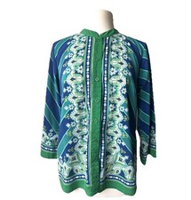VTG Bob Mackie Wearable Art MEDIUM Tunic Shirt Button Frnt Blue Green 3/4 Sleeve