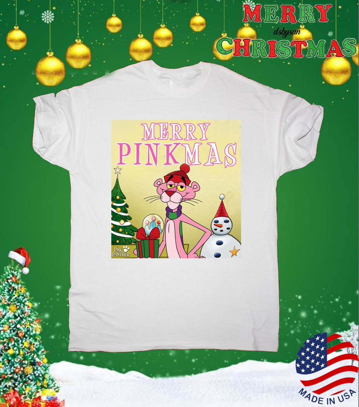Pink Panther Merry Christmas white T-shirt Short sleeve S-5Xl 25