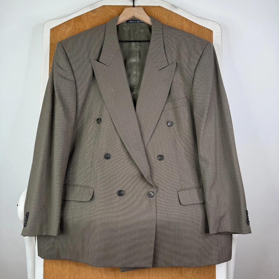 VTG Balmain Suit Mens 48R Brown Houndstooth 6x1 Wool Pants 42x30 Pleated Front - Image 2 of 4