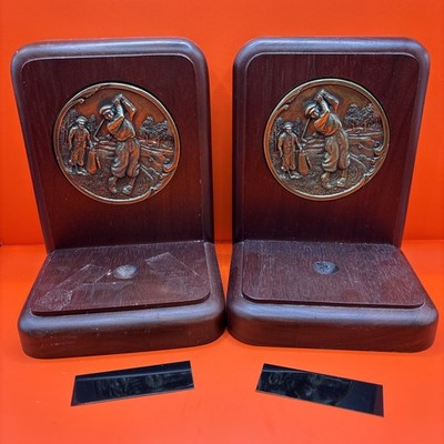 VTG Wood & Brass Golf-themed Bookends w/ Ball Holders & Engravable Nameplates
