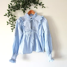 love the label Blue Ruffle Trim Long Sleeve Tie Front Smocked Top Size XS