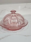 Jeanette Pink Depression Glass Cherry Blossom Butter Dish Covered Dome 1930s