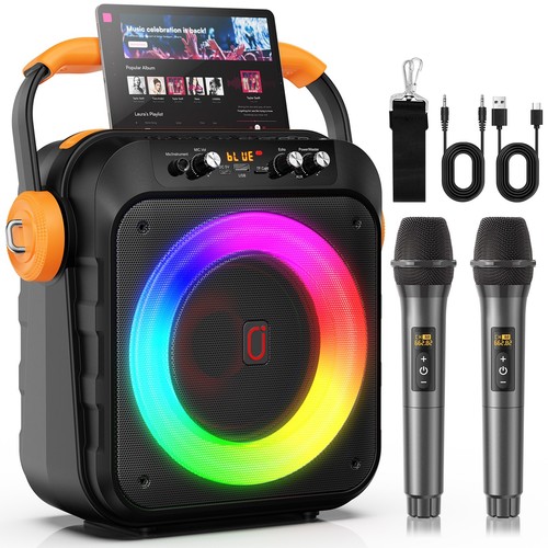 Portable Karaoke Machine with 2 Wireless Mics, Bluetooth Speaker with RGB Lights
