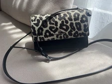 Michael Kors Crossbody Bag-Black Faux Leather, Leopard Print Strap, MK Logo, Wom