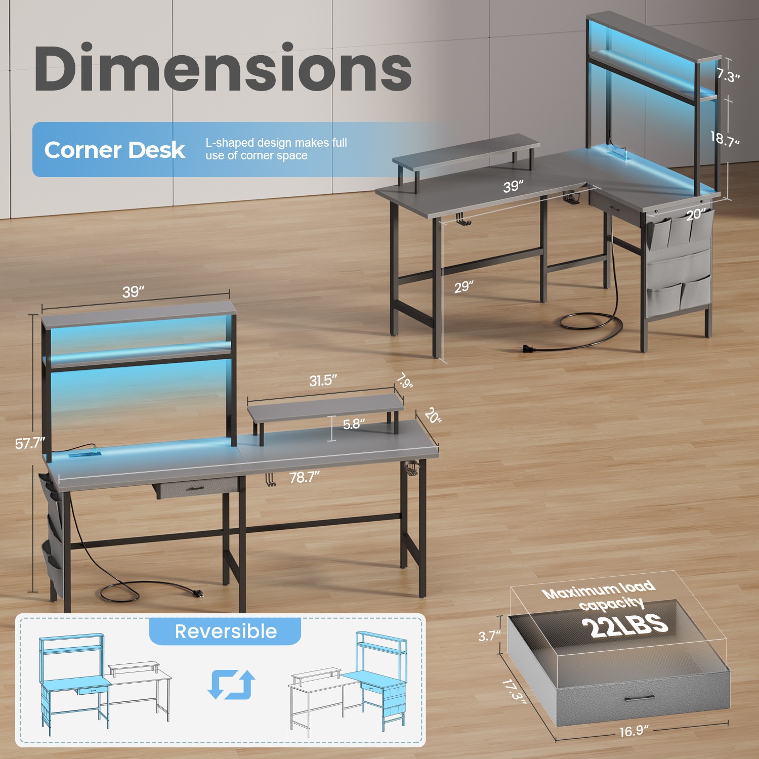 59 inch L Shaped Gaming Desk with LED light & Power Outlets, PC Desk with Drawer