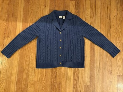 VTG Classic Elements Petite L Blue Cable-Knit Button Cardigan Sweater 60% Cotton