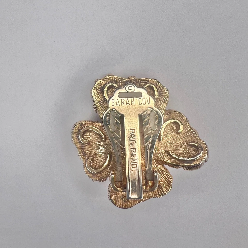 Pendientes Sarah Cov Vintage Oro Flor Clip Perla Verde Estrás Retro Foto 3 de 4