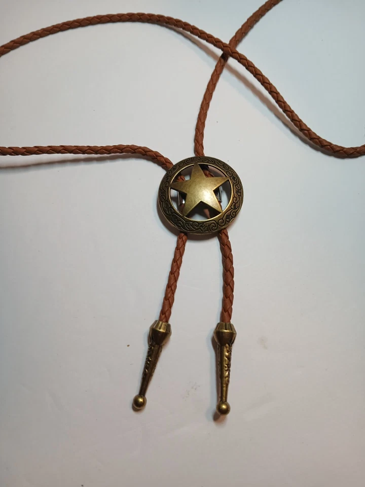 Texas Star Shape Bolo Tie W/4mm Braided Brown Cord W/1.25" Bronze Tips VERY NICE - Image 2 of 4