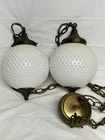 Pair Vintage Globe Ceiling Light Fixtures Hobnail White Milk Glass & Brass MCM