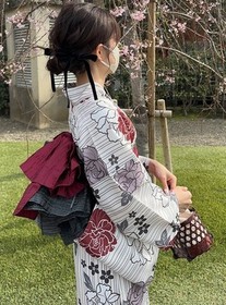 Japanese Summer kimono Yukata Striped floral pattern Yukata obi set Womens