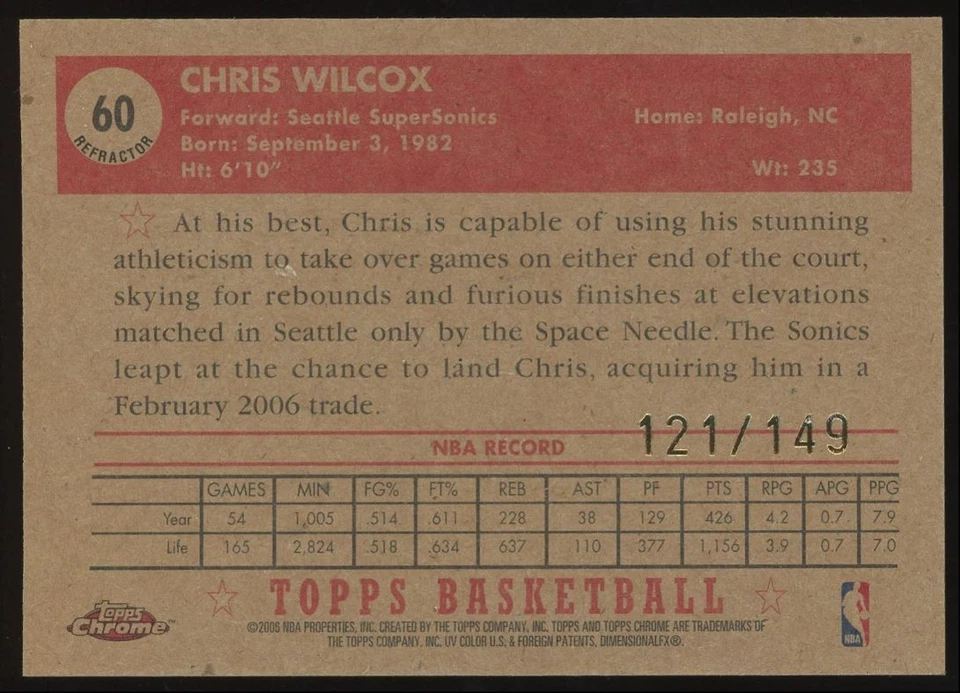 Chris Wilcox #60 2005-06 Topps cromo 1952 estilo refractor azul SuperSonics/149 Foto 2 de 3