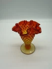 Vintage  Fenton  hobnail Bud Vase Ruffle Top 3 3/4” Red Orange Amberina