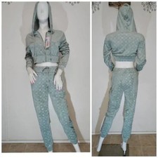 Gray velour embossed 2 PC Set Cropped. Jacket And Joggers size Medium