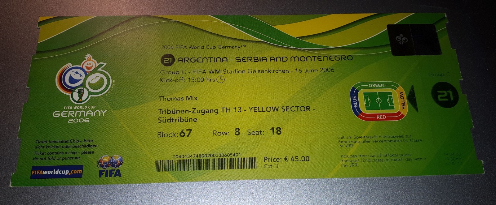 Ticket Leo Messi rookie World Cup Debut 2006  First game Argentina Serbia