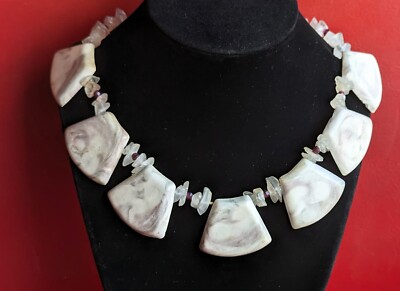 Grey White MARBLED Trapeziod Slab Glass Chip BEAD Collar 16'' NECKLACE Gail Boka