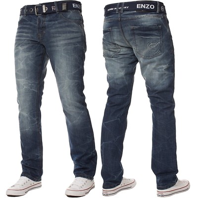Enzo Herren Jeans gerades Bein Gürtel normale Passform Arbeit Denim Hose alle Bundgrößen