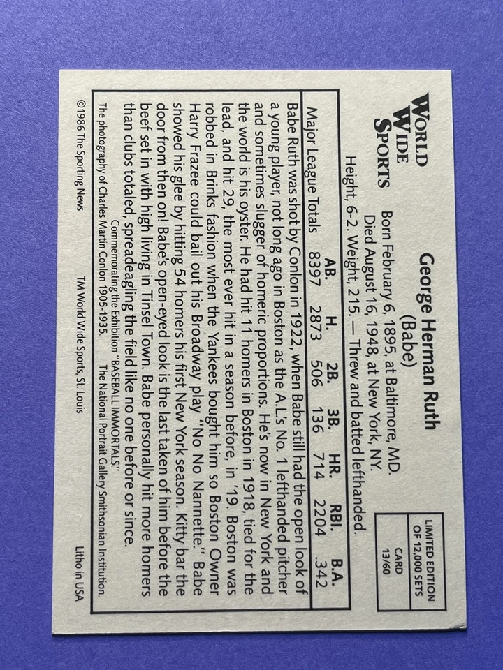 1986 Conlon Sporting News World Wide Sports BABE RUTH #13 /12000 NY Yankees HOF - Image 2 of 3