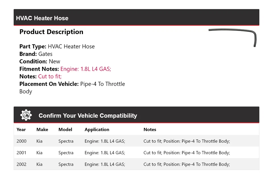 Tubo de manguera de calefacción de climatización para Kia Spectra 2000-2002 - 4 a puertas del cuerpo del acelerador 2001 Foto 2 de 4