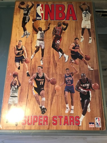 RARE NBA SUPERSTARS 1993 POSTER 34x22 Michael Jordan, Drexler, Robinson, Mullin - Afbeelding 1 van 4