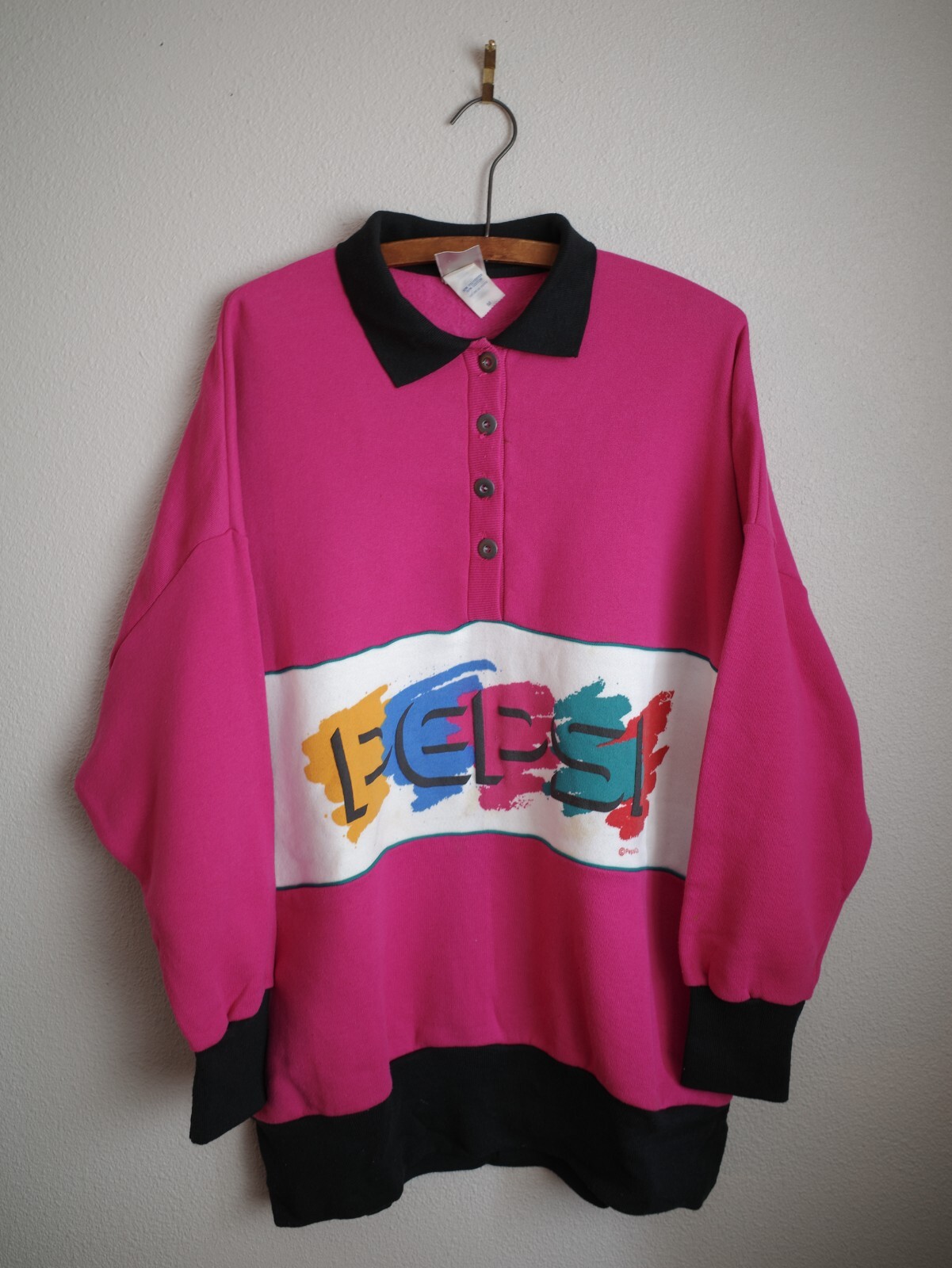 Vintage 80s Pepsi Rugby Polo Sweatshirt Color Block Pink Size Men's Medium EUC