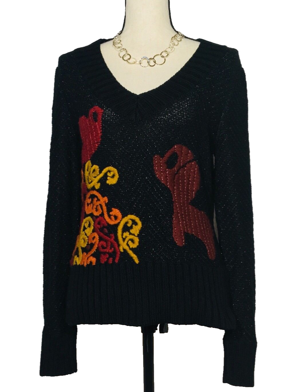 MICHAEL SIMON SWEATER S NWT SILK/COTTON HAND EMBROIDERED DOG BIRD METALLIC 