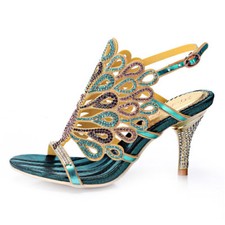 Women Shine Peacock Rhinestone Crystal High Heel Sandal Evening Wedding Shoes