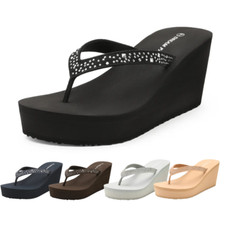 Women Flip Flops High Wedge Heel Platform T-strap Open Toe Thong Outdoor Sandals