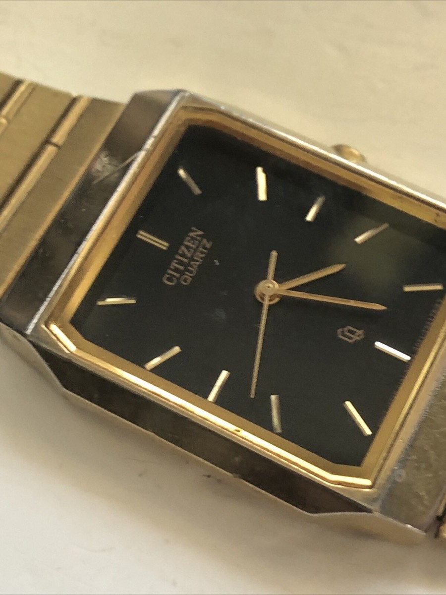 VTG Citizen CQ Tank Watch Men 25mm Black Dial Gold Tone VTG Citizen CQ Tank Watch Men 25mm Black Dial Gold Tone