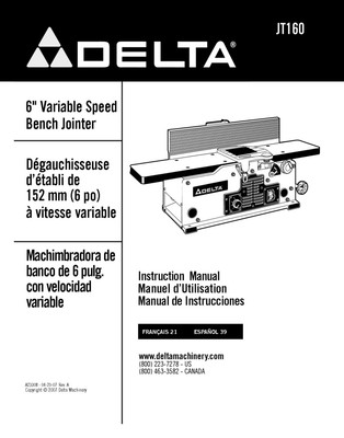 Delta JT160 6" Variable Speed Bench Jointer Instruction Manual | eBay