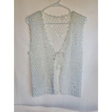 Vintage White Hand Crocheted Boho Hippie Front Tie Open Knit Long Vest Floral