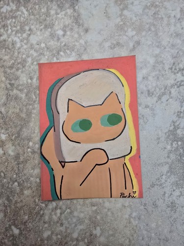 ACEO Original Painting HelloPachi Cat Kitten Bread Cute Acrylic Kawaii Orange