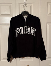 Victoria's Secret PINK Logo Pure Black Campus Fleece Full Zip Hoodie LARGE NWT 