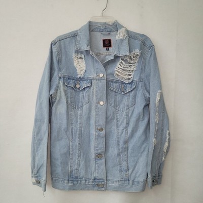 Boom Boom Jeans Denim Jacket Women Large Light Wash Distressed Shredded JK17922Z