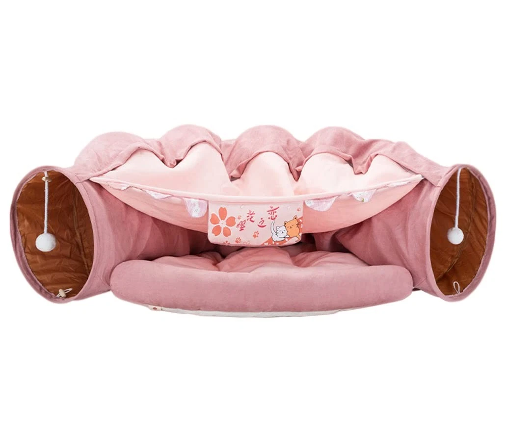 2 in 1 Cat Tunnel Bed Tube with Cushion and Plush Ball Toy Playground Crinkle...