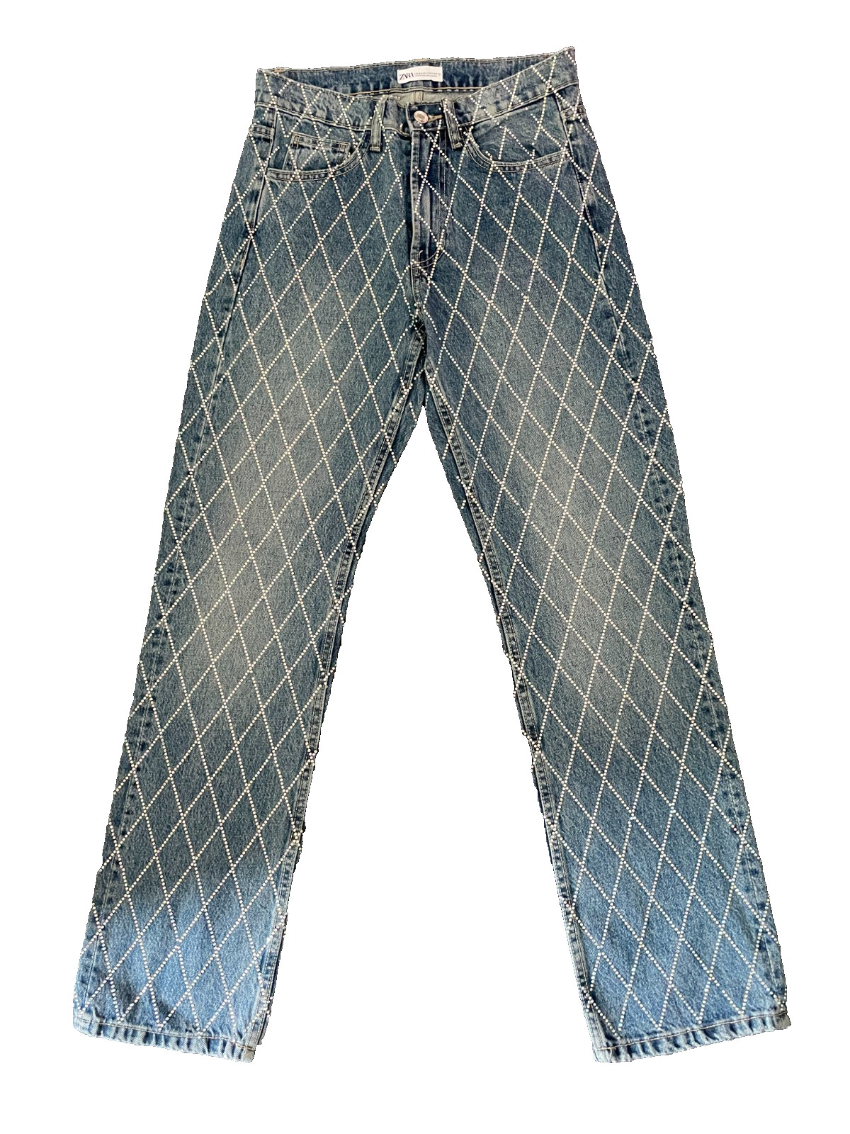 Zara TRF Mid Rise Rhinestone Jeans Denim Straight Leg BlueSize 2