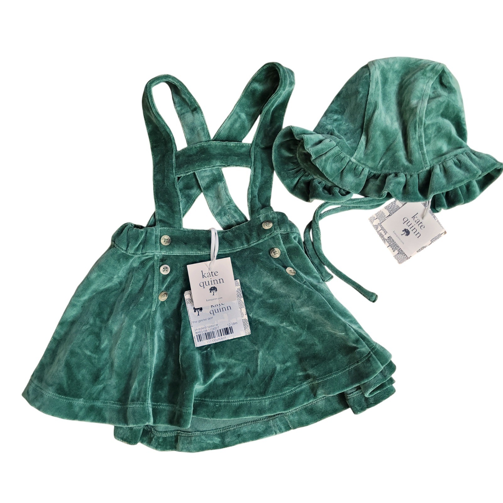 Kate Quinn Gretel Suspender Skirt & Ruffle Bonnet Set Green Velour 12-18M NWT