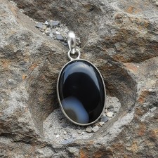 Natural Black Agate Cabochon Oval Hand Polished Gemstone Handmade Agate Pendant