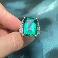 8.00Ct Emerald Cut Natural Emerald  Diamond Wedding Ring 14K White Gold Size 7