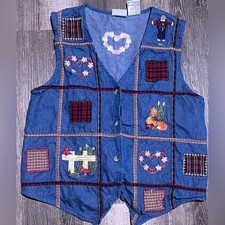 Vintage 90s Bobbie Brooks fall autumn scarecrow patchwork Denim Vest