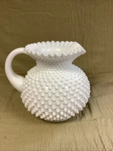 Fenton Hobnail White Milk Glass Large Crimped Ruffled Rim Pitcher Vintage