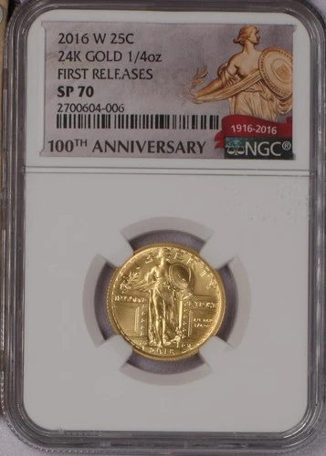 2016-W 24k Gold Standing Liberty 1/4 oz. 25 Cents First Releases NGC SP70