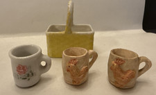 Vintage Miniature 1" Tea Cups/Mugs and Basket Porcelain small doll house Dishes