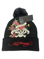 Ed Hardy Unisex&rsquo;s Knit Faux Fur Pom Black Beanie Hat One Size New