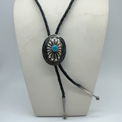 VTG Native American Sterling Silver Concho Turquoise Bolo Tie 22.4g #yhm