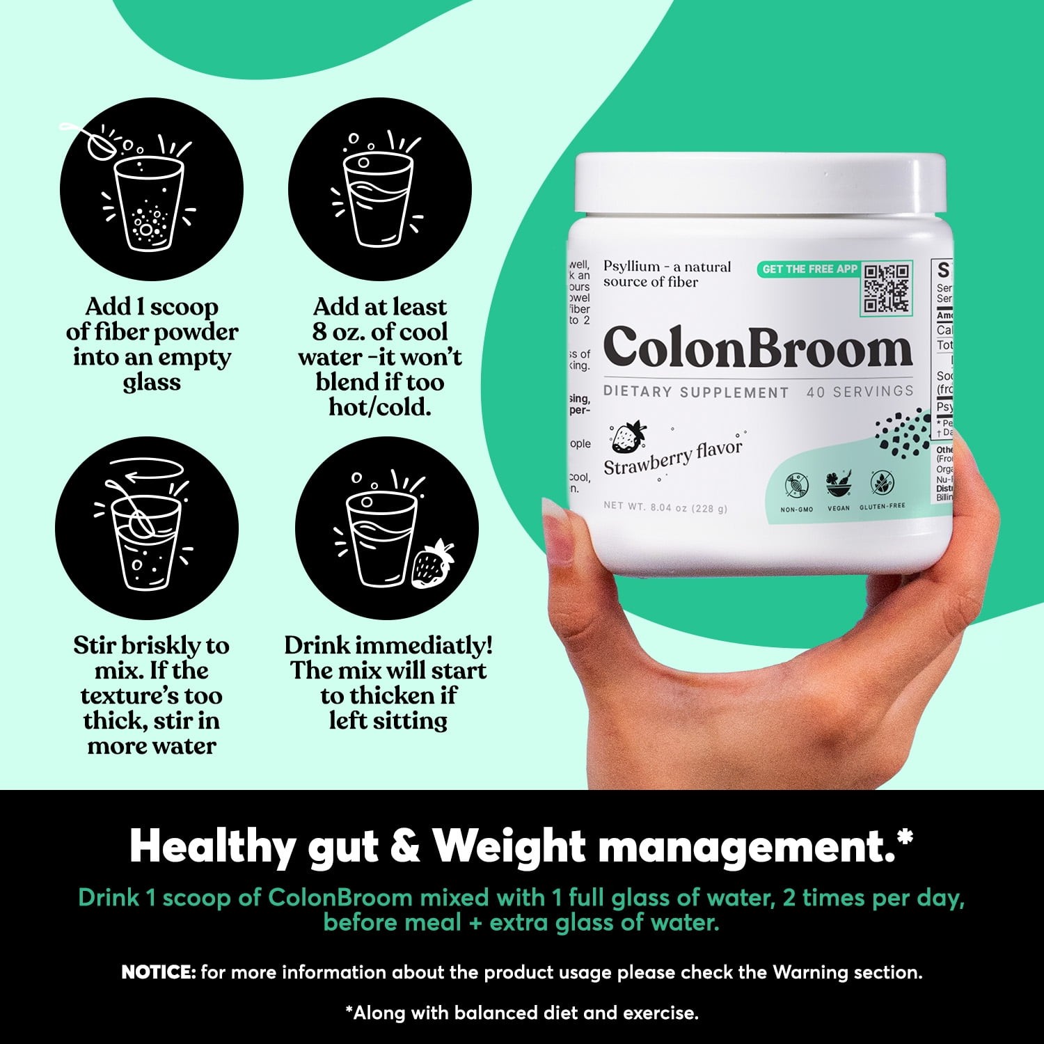 ColonBroom Psyllium Husk Powder Colon Cleanser - Fiber Supplement, Strawberry