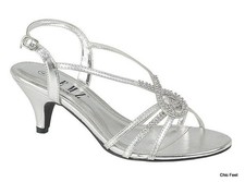Brand New Silver Diamante Embellished Strappy Sandals Low Kitten Heels - Size 8